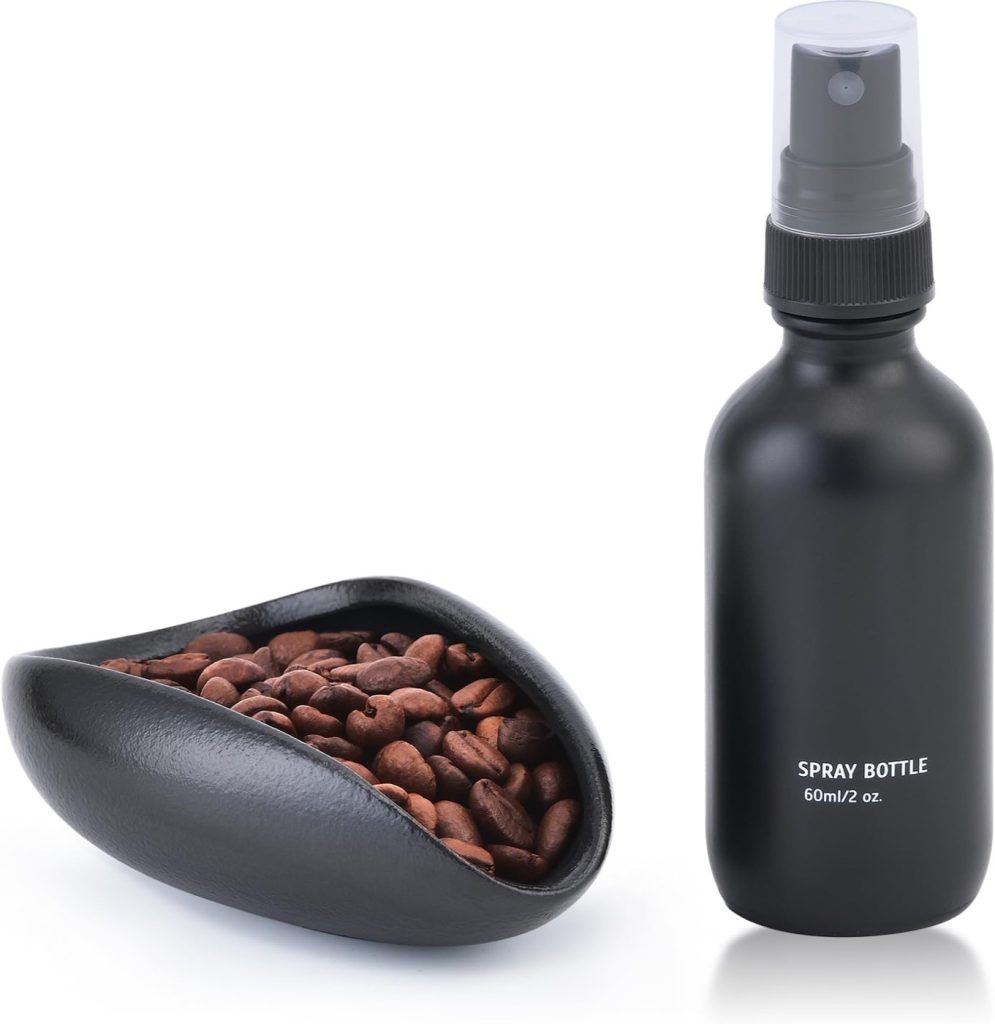 Lulupack Coffee Dosing Cup with 60ml Spray Bottle - Espresso Bean Mister for Water Spritzer - Measuring Scale Cups for Dose Tray - Coffee Accessories Kit for Sprayer Atomizer Glass Black