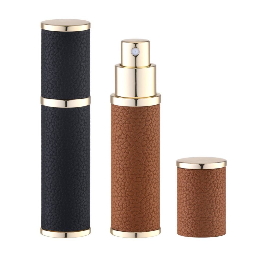 Fusupak Travel Perfume Bottle Refillable - Mini Portable Cologne Atomizer Sprayer - Empty Travel Size Fragrance Pump Dispenser Container for Men - 10ml Black Brown 2PCS Small Leather Refill Sample